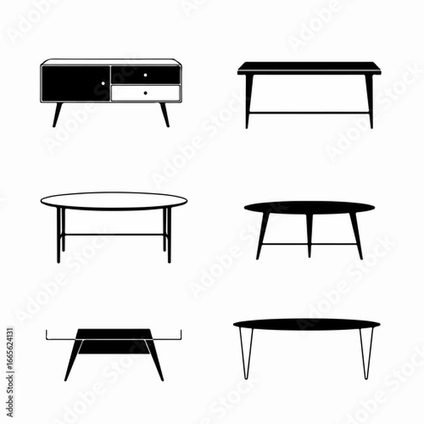 Obraz Minimalist Black and White Furniture Icons Set, Featuring Various Modern Tables and a Cabinet