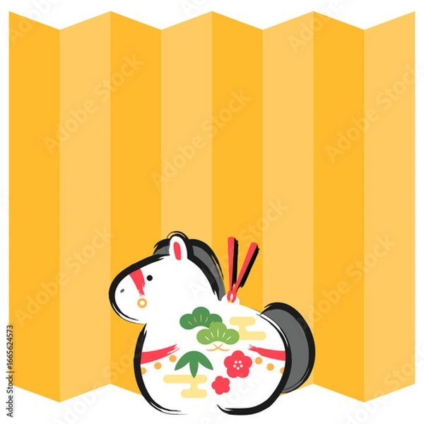 Obraz 午年の年賀状素材｜屏風と馬の土鈴の正方形バナーイラスト