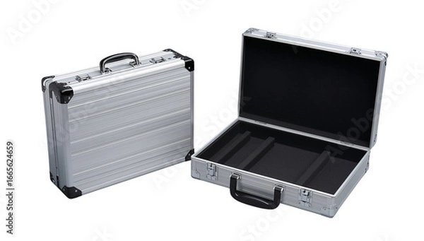 Obraz Metallic briefcases, showcasing a sleek and secure storage solution against transparent backdrop
