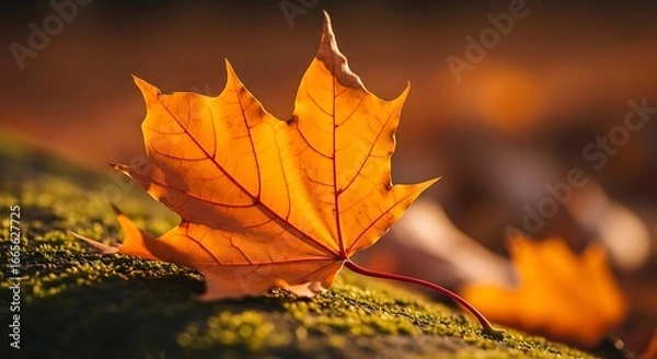 Obraz Autumn Maple Leaf on Mossy Ground in Warm Sunlight.