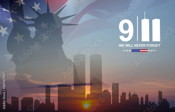 Obraz Silhouette of New York skyline with USA flag and Statue of Liberty. American Patriot Day banner. September 11, 2001. We will never forget