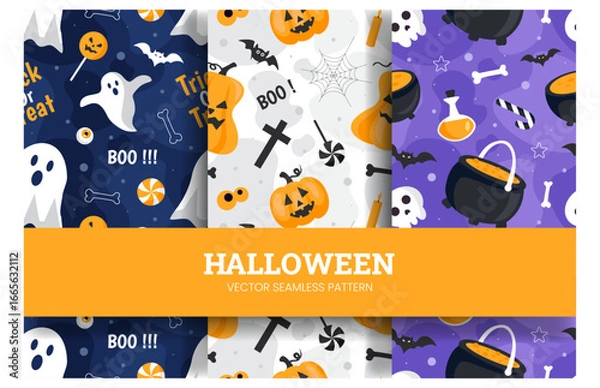 Fototapeta Happy Halloween Night Festival Seamless Pattern Design with Spooky Elements in a Cartoon Illustration Template