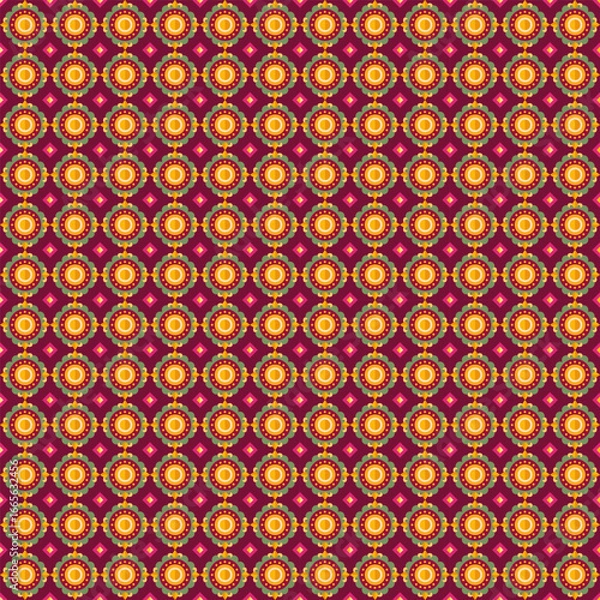 Obraz Graphic pattern, floral pattern, radial shapes of orange-red circles, the background is a deep purplish-red color, making the yellow-orange circles stand out more, bright, hot, used for fabric design