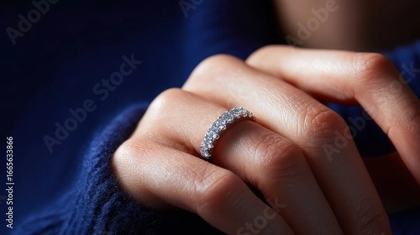 Fototapeta Close-up shot of a diamond-encrusted wedding ring, soft lighting creating sparkle effects, dark navy blue background, woman is hand elegantly shown