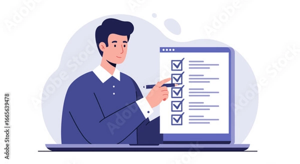 Fototapeta Man Reviewing Checklist on Digital Tablet Screen.