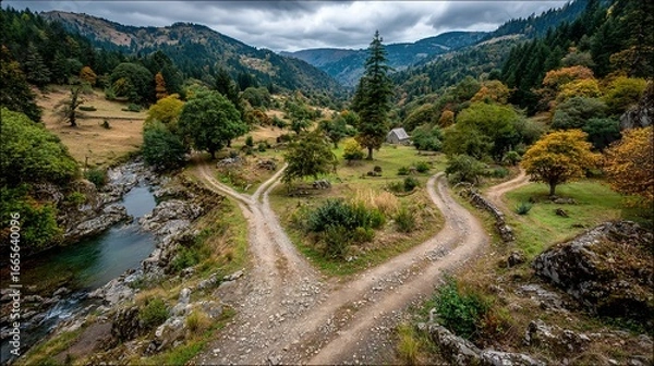 Fototapeta A dirt road forks in a valley surrounded by trees and a river.