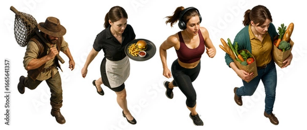 Fototapeta A diverse collection of characters including an explorer with a net, a waitress carrying a tray, a female athlete running with headphones, and a woman holding grocery bags with vegetables