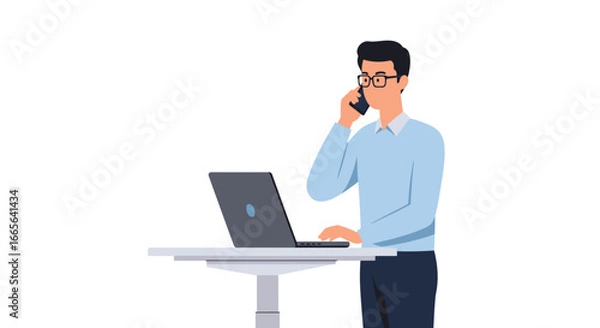 Fototapeta Businessman Talking on Phone While Working on Laptop.