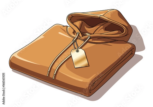 Fototapeta Folded brown hooded sweatshirt with drawstrings and a blank tag, casting a soft shadow on a white background.