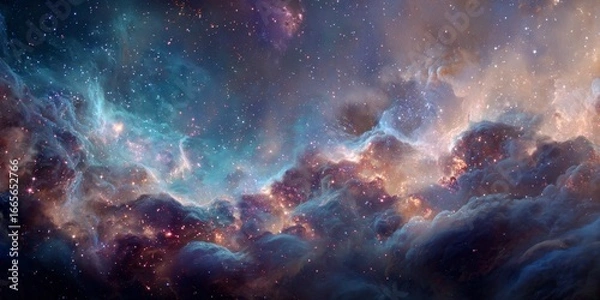 Fototapeta A cosmic view of a nebula featuring clusters of stars amid swirls of purplishblue and gold creating a celestial panorama