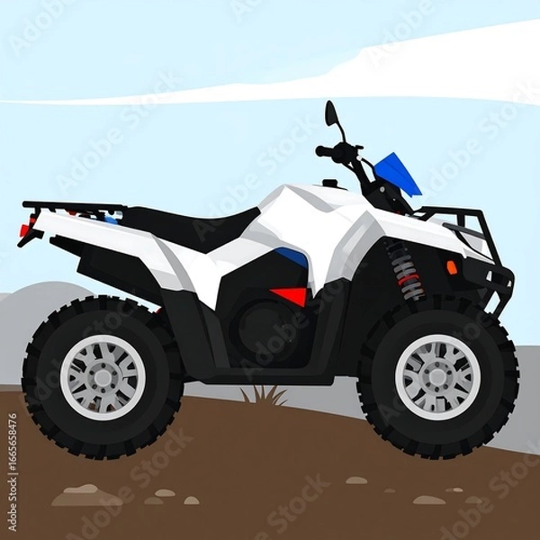 Obraz White ATV on a dirt path,  hills in background