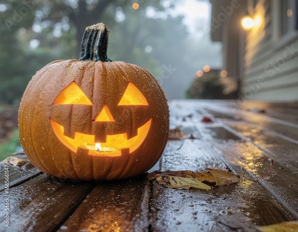 Obraz Spooky Jack-o’-Lantern with Candlelight on Rain-Soaked Porch at Night