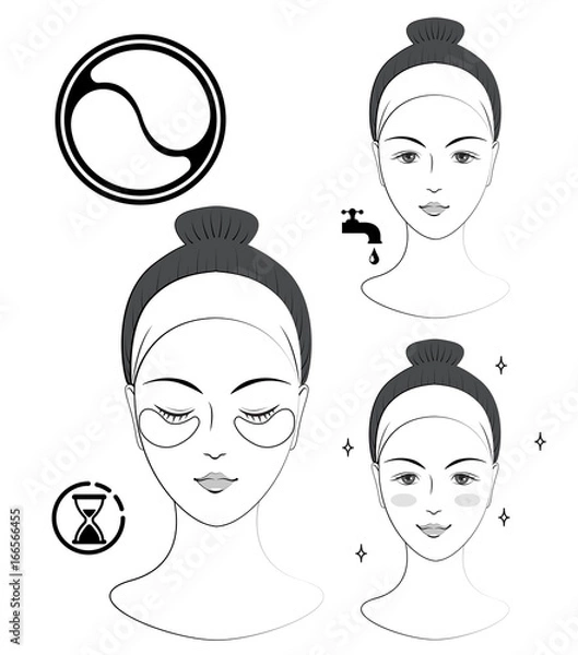 Obraz Instruction: How to apply cosmetic patches under the eyes. Skincare. Black and white vector illustration.