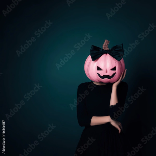 Obraz Pink pumpkin with black bow as head on person in dark dress creates unique halloween mood with mysterious and playful style