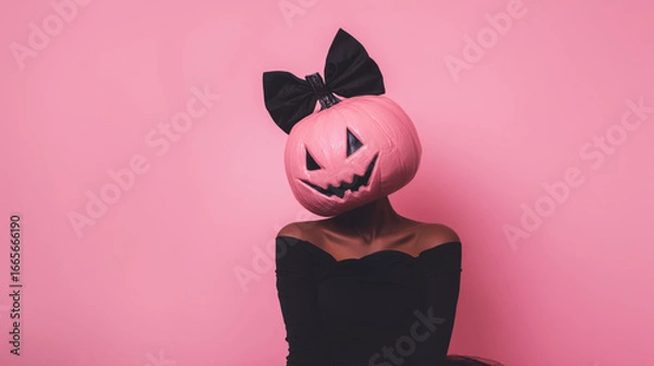 Fototapeta Person wears pink pumpkin head with black bow for fun halloween costume against pink background creating playful mood