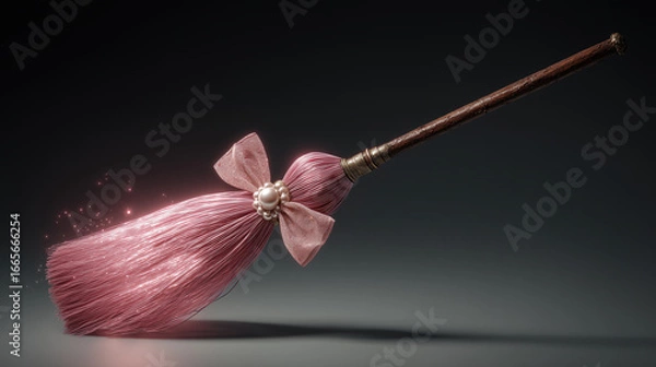 Fototapeta Pink broom with sparkling bristles and decorative bow creates magical halloween atmosphere perfect for festive cleaning or witch costume