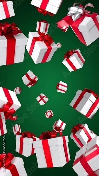 Fototapeta Floating gift boxes, red ribbons, green background