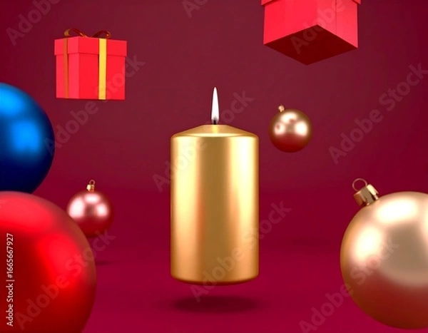 Fototapeta Floating gold candle surrounded by festive Christmas ornaments and presents