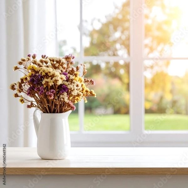 Fototapeta Floral bouquet by window, autumnal view