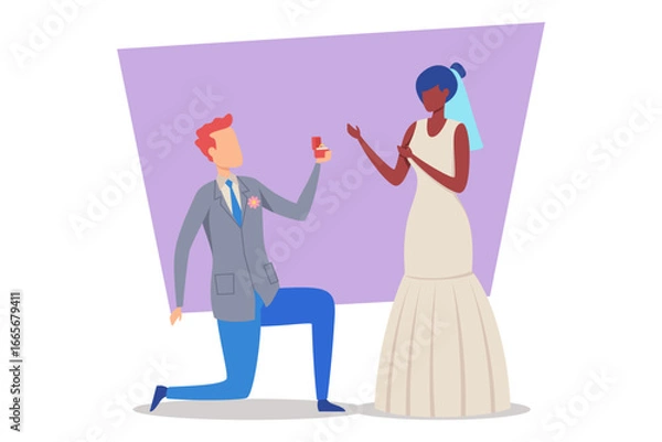 Obraz Line illustration of wedding ring design with simple band and stone. Concept of marriage and commitment