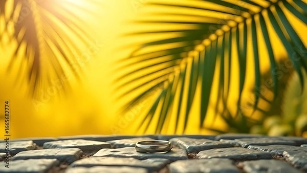 Fototapeta Tropical leaf silhouette on a yellow summer background with a silver ring on cobblestone.