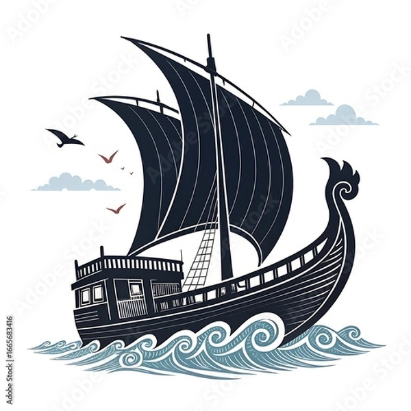 Fototapeta A viking longship sailing on the sea with birds in the sky