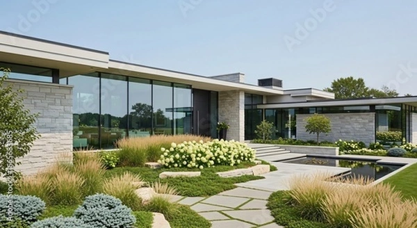 Fototapeta Modern home exterior showcasing landscape design and architecture