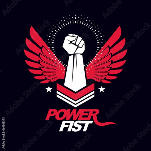 Fototapeta Strong fist of a muscular man vector illustration. Best fighter vector symbol, triumph concept.