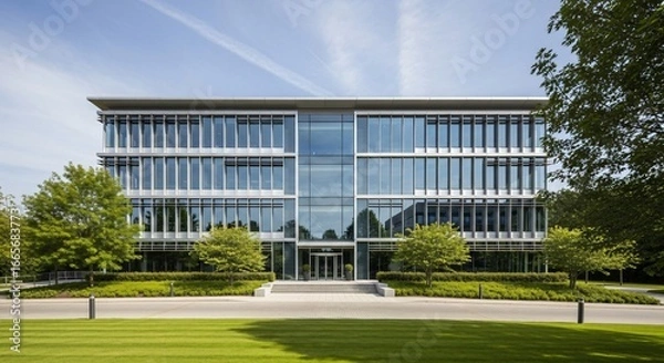 Fototapeta Modern architecture shines in dynamic office building exterior