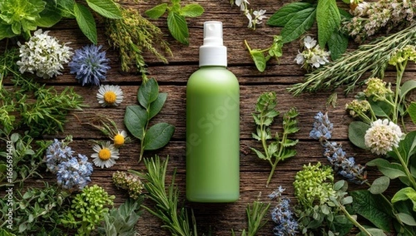 Fototapeta A green spray bottle sits amidst a vibrant array of fresh herbs and flowers on a weathered wooden surface