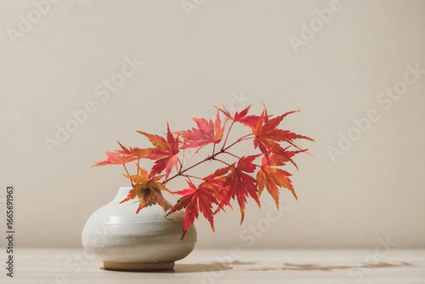 Obraz 白背景、花瓶に刺す紅葉