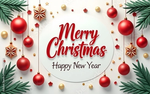 Fototapeta Christmas greeting text vector design. Merry christmas and happy new year greeting card with paper cut ornaments and elements decoration. Vector illustration holiday season template. High quality