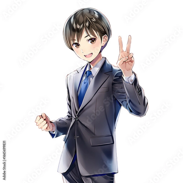 Obraz Vサインをする若いビジネスマン（漫画・アニメ調）
