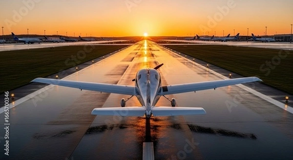 Fototapeta Experience the thrill of flight with this plane ready for takeoff at sunrise, promising adventure and new horizons for travel and business