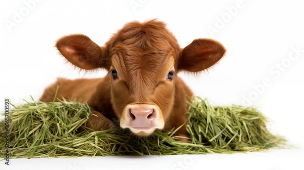 Obraz A close up of a brown calf lying in green hay against a white background in a studio setting view