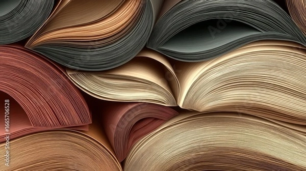 Fototapeta An intricate arrangement of paper scrolls in various shades forms a wave-like pattern with hues of brown, tan,