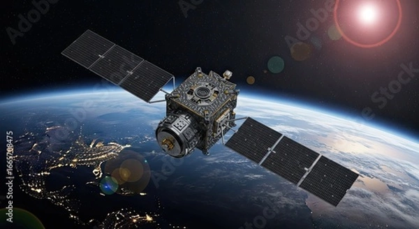 Fototapeta Modern communication satellite orbiting earth with solar panels deployed and city lights visible below