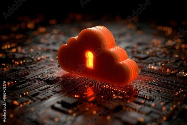 Fototapeta A digital illustration of cloud security with an orange padlock and red glowing data stream on a dark background, 