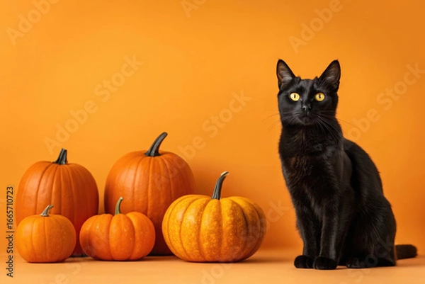 Fototapeta A Sleek Black Cat Sitting Beside a Collection of Orange Pumpkins Against a Vibrant Orange Backdrop for Autumn