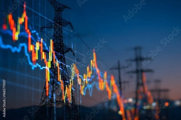 Fototapeta A digital stock market graph with an electric power grid in the background,