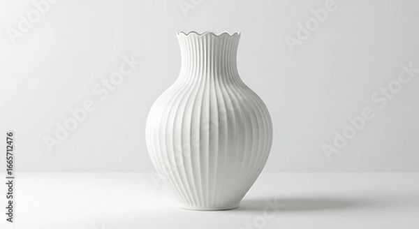 Fototapeta Elegant White Vase on White Background with Vertical Ridges in Minimalist Style and Modern Design