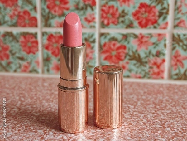 Obraz Pink lipstick in rose gold casing on retro floral tiles