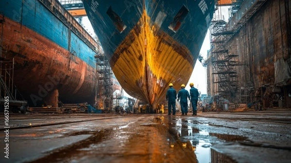 Obraz Ship repair workers engage in vessel maintenance at industrial dock urban setting close-up view