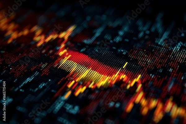 Fototapeta A German flag is flying in front of a stock market chart, representing the global fear and safe asset colors of orange, red, blue, and yellow. 