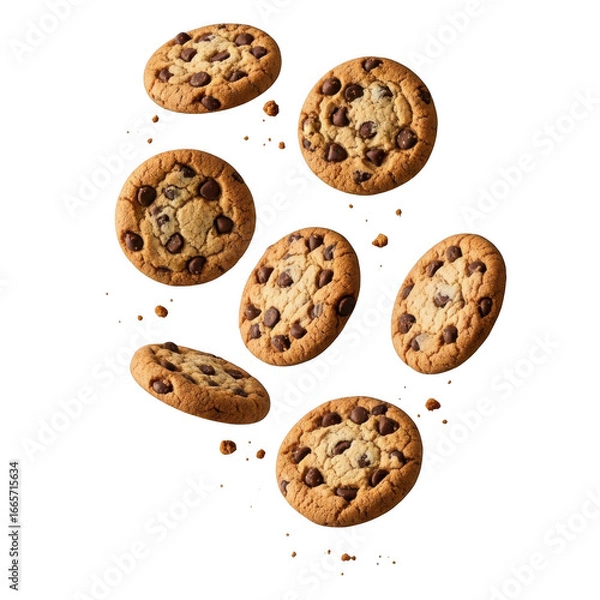 Obraz Delicious chocolate chip cookies falling isolated on transparent background
