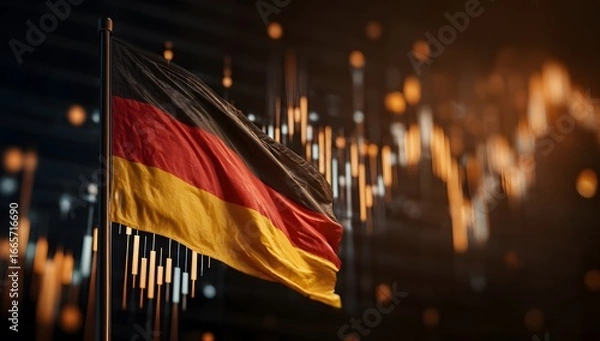 Fototapeta A German flag is flying in front of a stock market chart, representing the global fear and safe asset colors of orange, red, blue, and yellow. 