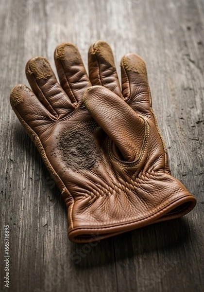 Fototapeta Used work gloves on wooden surface