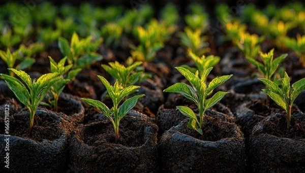 Fototapeta Rows of young plants in dark soil