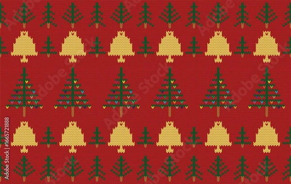Fototapeta Knitted pattern seamless fabric Christmas tree. traditional knitted pattern Christmas yellow bells. Designed for knitted pattern ,fabric ,background ,wallpaper ,Christmas ,carpet ,embroidery ,textile
