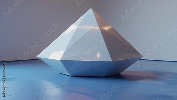 Fototapeta Hyper-Realistic 3D White Geometric Sculpture on Blue Matte Floor – Minimalist Abstract Modern Art Design with Crisp Faceted Geometry.